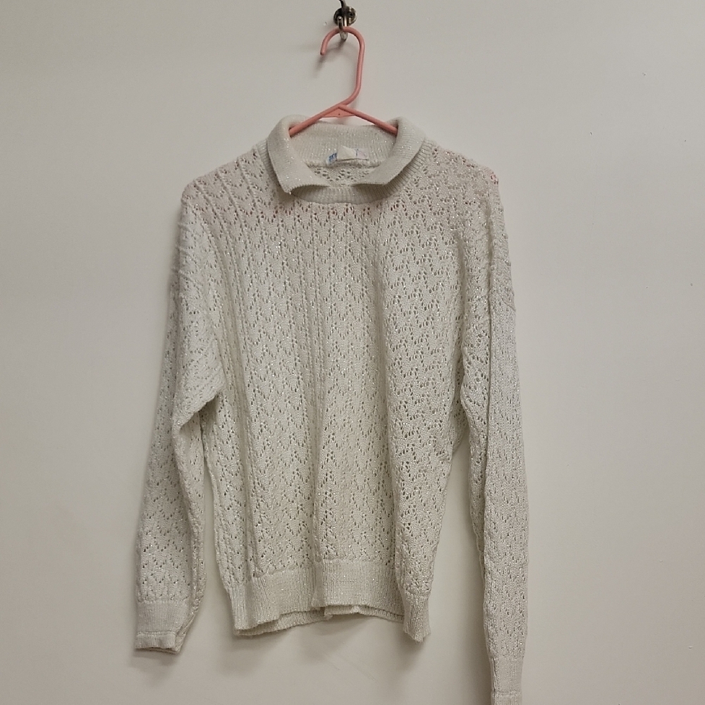 Vintage 80s White Gold Metallic Cream Collared Sweater L XL